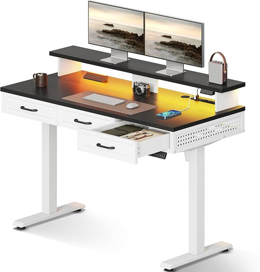 OffiGo Electric Standing Desk with 3 Wooden Drawers, 48 Inch Height Adjustable Desk with Power Outlets & LED Lights, Black and White Sit Stand Table with Monitor Stand for Home, Office, Workstation