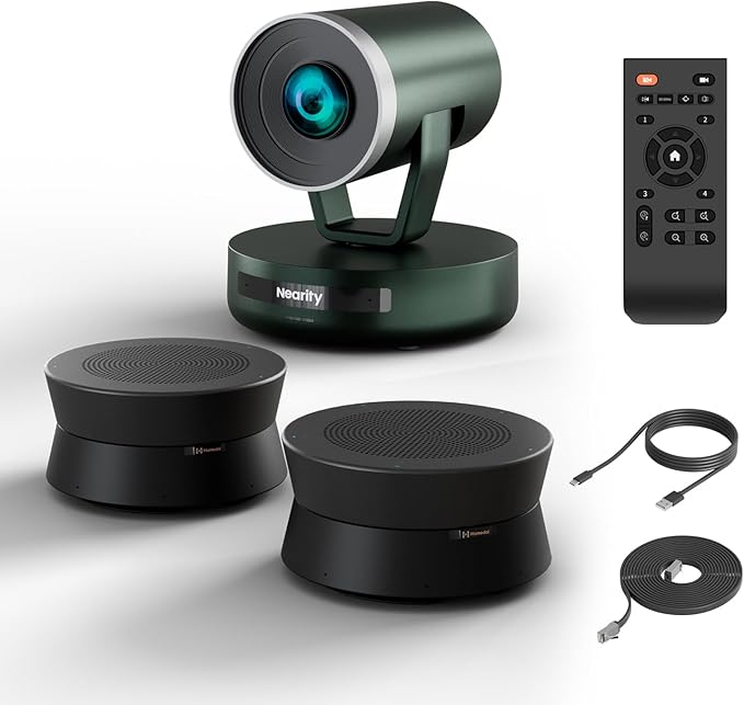 NEARITY Conference Room Camera System, Zoom Certified Scalable Conference Speakerphone, POE Daisy Chain, Noise Reduction, 2K NDI PTZ Webcam w/Optical Zoom for Video Conferencing/Streams in Large Rooms