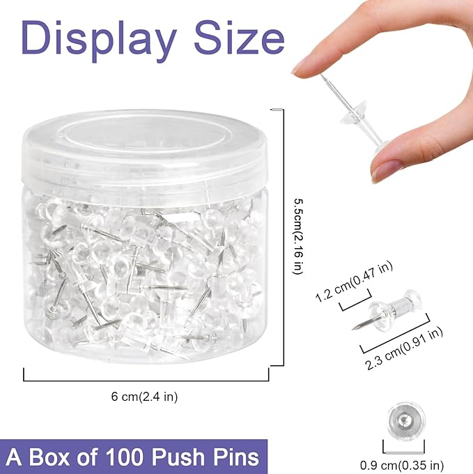Amazon Basics Push Pins Tacks, Steel Point, Clear Plastic Head, for Bulletin Board, Maps, Posters, and Craft Projects, 100-Pack