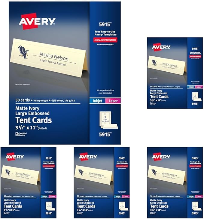 Avery Printable Tent Cards, 3.5" x 11", Ivory with Embossed Border, 50 Blank Place Cards for Laser or Inkjet Printers (5915) (Pack of 5)