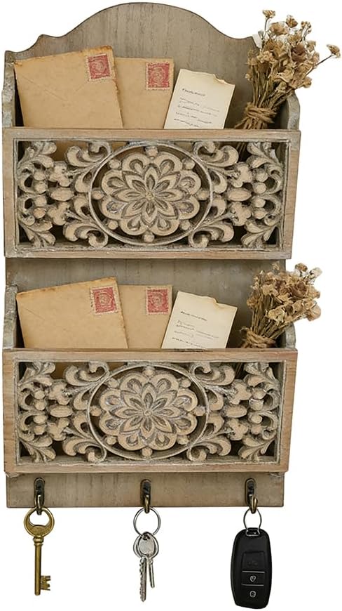 Chadechimo Rustic Key and Mail Holder for Wall Home Decorative,2-Slot Mail Organizer Wall Mount with 3 Hooks, Wooden Key Hangers Wall File Organizer Letter Sorter for Letter Magazines（Brown）