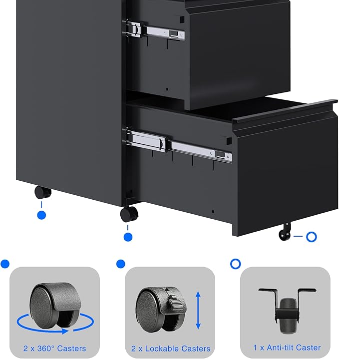 METAN 2 Drawer File Cabinet with Lock, Mobile Under Desk Filing Cabinet for Office Legal/Letter Size, Fully Assembled Except Wheels,Black
