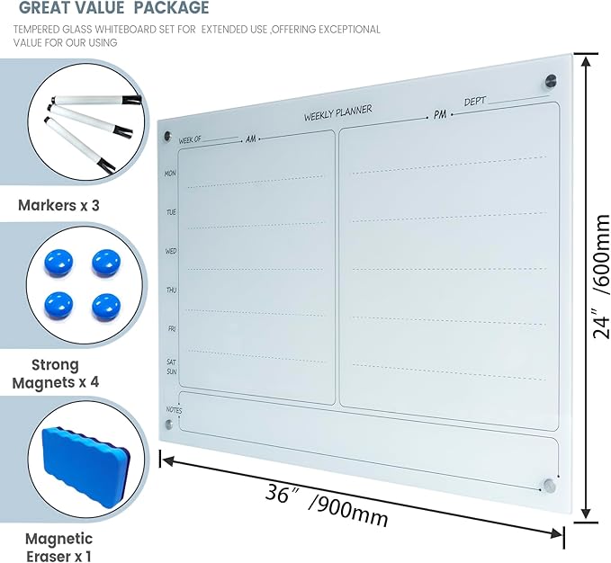 Magnetic Planner Writeboard 24"X36" Weekly Glass Calendar White Glassboard Premium Tempered Dry Erase Boards Frameless Wall Mounted (White)