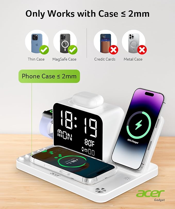 Acer 7-in-1 Wireless Charging Station with LED Clock - 30W Fast Wireless Charger for iPhone 16/15/14/13/12/Pro Max, Apple Watch, AirPods - Bluetooth Auto Time Sync & Night Lights (White)