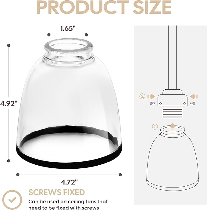 Eidonta 4 Pack Clear Glass Shade Replacements, Bell Shaped Glass Shade Covers with Black Ring, 4.92"High, 4.72"Diameter, 1.65 "Fitter, High Transmittance Globe Lampshade
