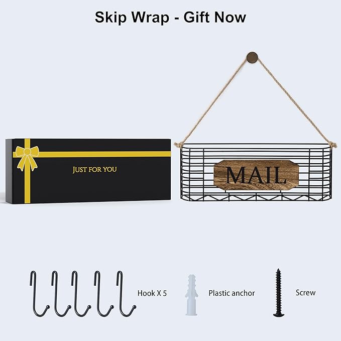 SRIWATANA Mail Holder, Rustic Mail Organizer Wall Mount Hanging Mail Sorter Letter Basket with 5 Key Holder for Wall, Large, Carbonized Black