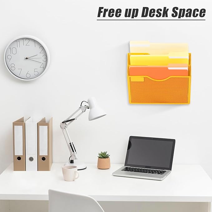 EASEPRES 3 Pocket Mesh Hanging Wall File Organizer, Wall Mounted Mail Paper Document Folder Holder, Clipboard Storage Organization Magazine Rack with Nametag Label for Office Home School, Yellow