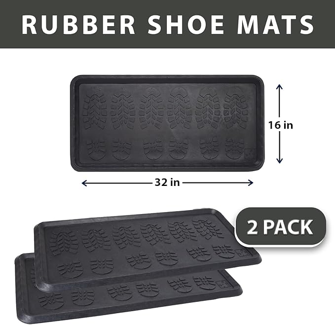 Envelor Rubber Boot Tray for Entryway Indoor Shoe Trays for Mudroom Wet Shoe Mat Tray Multiuse Rubber Water Tray Mud Mat Winter Boot Mat Large Utility Tray, Footsteps, 32 x 16 Inch, 2 Pack