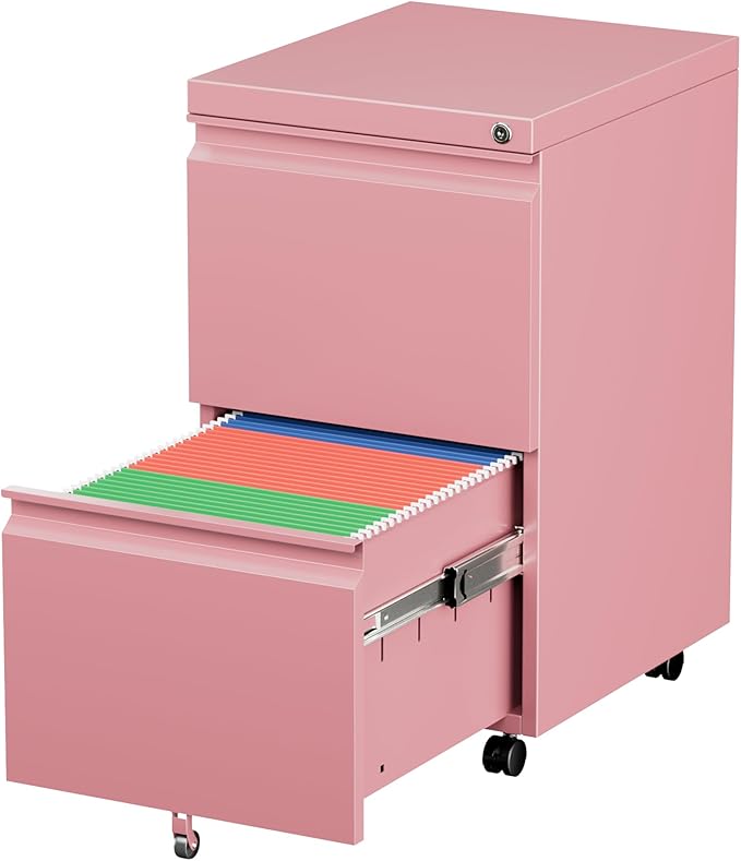 METAN 2 Drawer File Cabinet with Lock, Mobile Under Desk Filing Cabinet for Office Legal/Letter Size, Fully Assembled Except Wheels,Pink