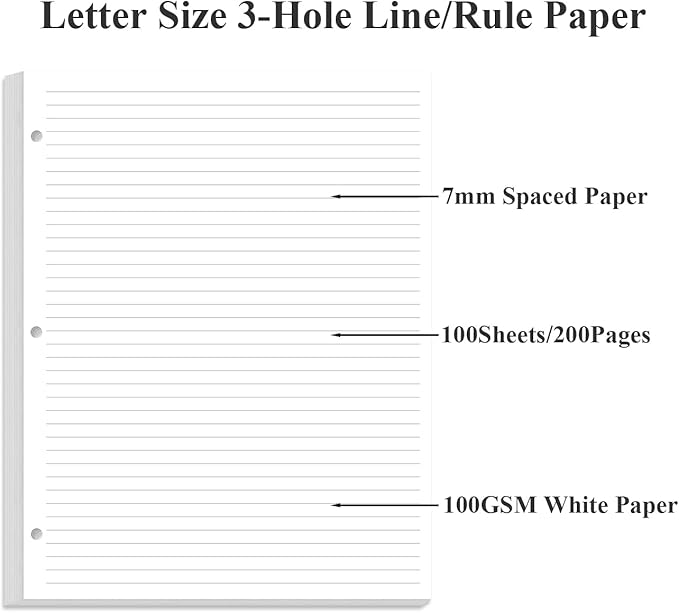 3-Hole Lined Refill Paper, Letter Size Punched Ruled Filler, 100 Sheets / 200 Pages, 100gsm White Paper, 8.5'' x 11''
