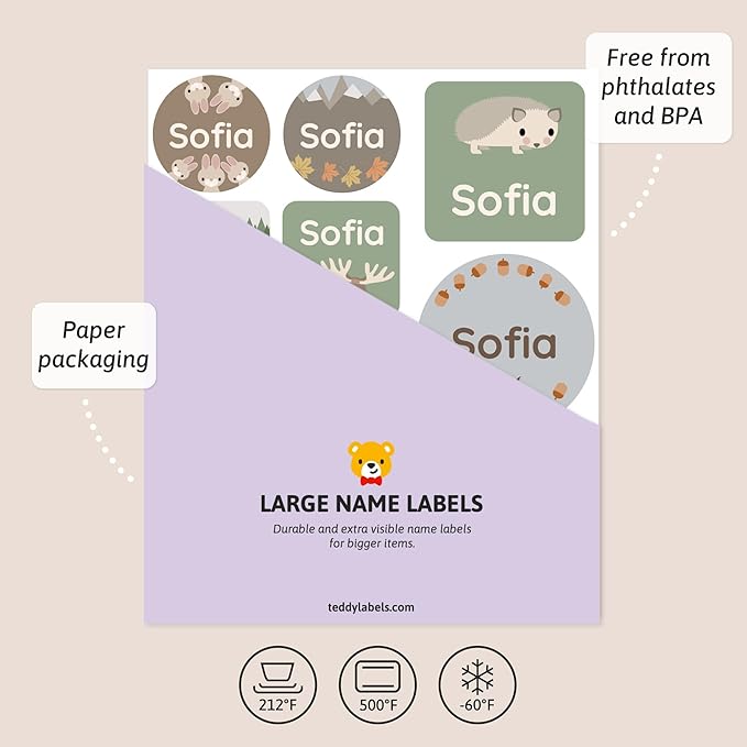 Large Name Labels for Kids (33) - Custom Stickers for Daycare and School Supplies - Durable, Waterproof Stickers for Water Bottles, Lunch Boxes, and More with Unique Designs - Forest Animals