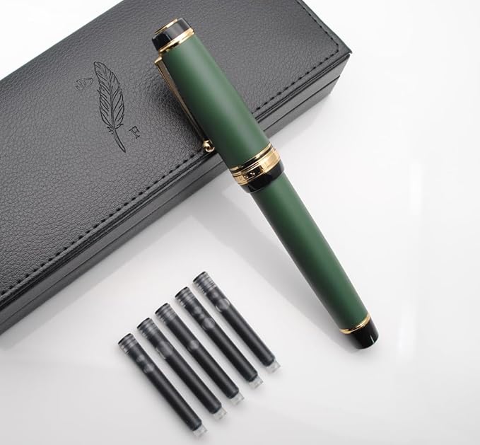 xixixiaozhu Metal Big Fountain Pen Set Medium Nib 0.7mm, Includes Ink Refill Converter, 5 Ink Cartridges & Gift Box (Medium Nib 0.7mm, Matte Green)
