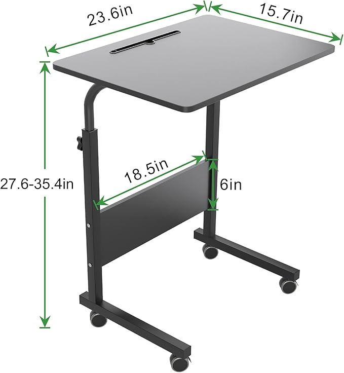 DlandHome Rolling Laptop Desk Stand Up Adjustable Mobile Laptop Desk, 23.6 Inches Medium Size Side Table, Movable w/Tablet Slot & Wheels, Portable Stand for Bed Sofa Black