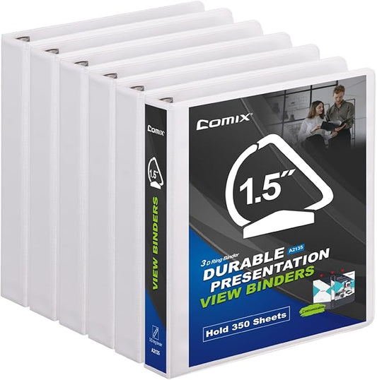 Comix Sturdy 1.5 Inch D-Ring Binders, 1.5'' 3 Ring Binder with Clear View Cover, 2.4mm-Thick, 1-1/2 Inch Rings Holds 350 Sheets of 8.5" x 11" Paper, 6 Packs (White)