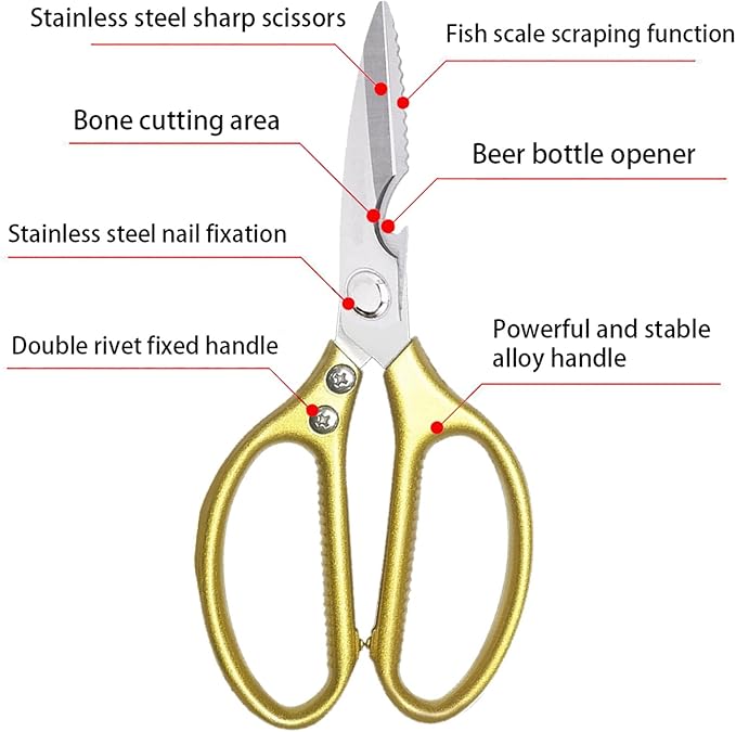Kitchen Scissors All purpose, Have duty Stainless Steel Cooking Shears for Cutting Meat, Chicken,Poultry, Fish, Herbs, Seafood Scissors with Comfort Grip gold