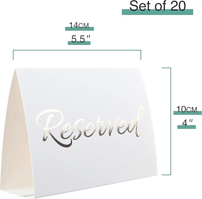 20 Pack Modern White Reserved Table Sign with Gold Letters - Reserved Signs For Wedding - Wedding Accessories - Tent Signs For Reserving Seats & Places - Place Cards for Party, Event