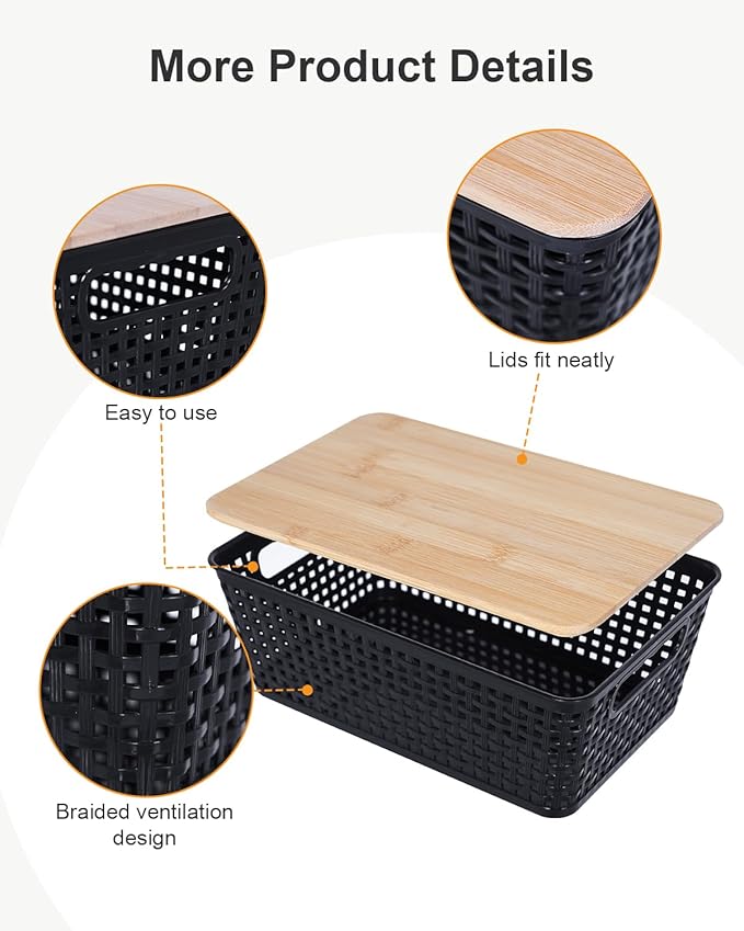 Anywish Storage Bins with Lids 10 Packs, Plastic Storage Bins with Bamboo Lids for Pantry Organization and Storage Containers for Shelves Drawers Desktop Closet Playroom Classroom Office Home, Black