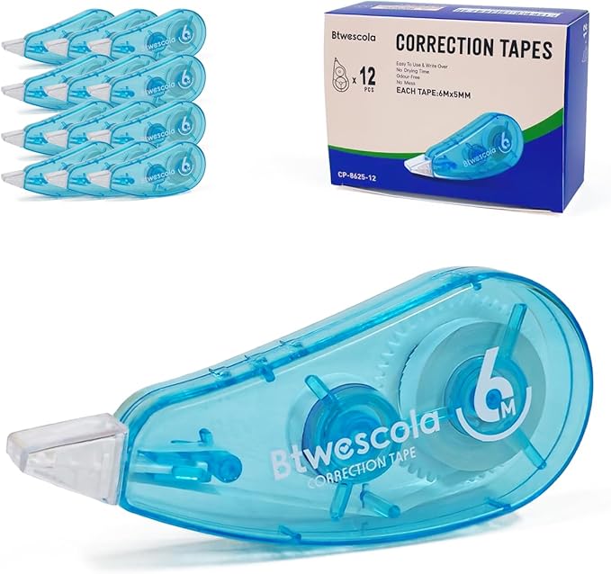 Btwescola Correction Tape, Easy to Use Applicator for Instant Corrections, 19.7Feet 12-Count Pack Correction Tape for School, Office, Crafting(12pcs/Set)