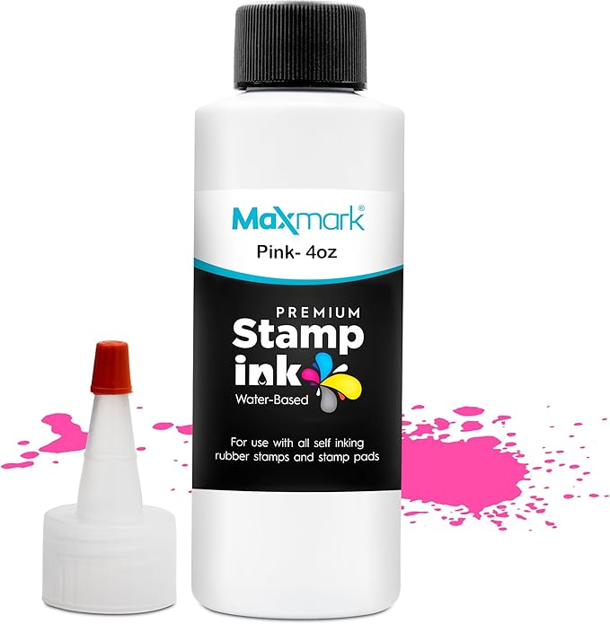 MaxMark Premium Refill Ink with Control Tip Bottle for Self-Inking Stamps, Pink Color - 4 oz.