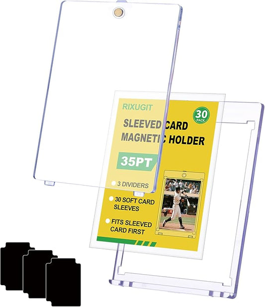 30-Pack Sleeved Card Magnetic Holders - 35pt One Touch Card Holder, Includes 30 Soft Soft Card Sleeves, Insert Card into Sleeve First, Then into Holder, Fits Trading Cards, Baseball & Game Card