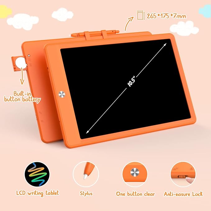 BUKEBU LCD Writing Tablet Doodle Board, Colorful Drawing Pad, Electronic Drawing Tablet, Drawing Pads,Travel Gifts for Kids Ages 3 4 5 6 7 8 Year Old Girls Boys (10.5 inch, Orange)