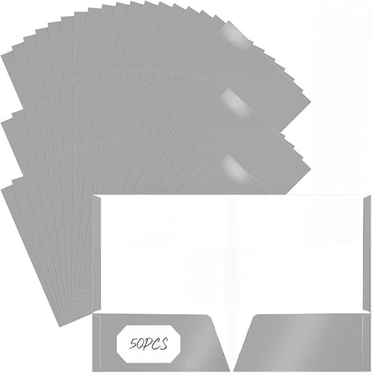 Jutom 50 Pcs 2 Pocket Glossy Paper Folders Glossy Paper Laminated Portfolios, Letter Size, Presentation Folders with Pockets for Office Teacher Worker Supplies(Gray)