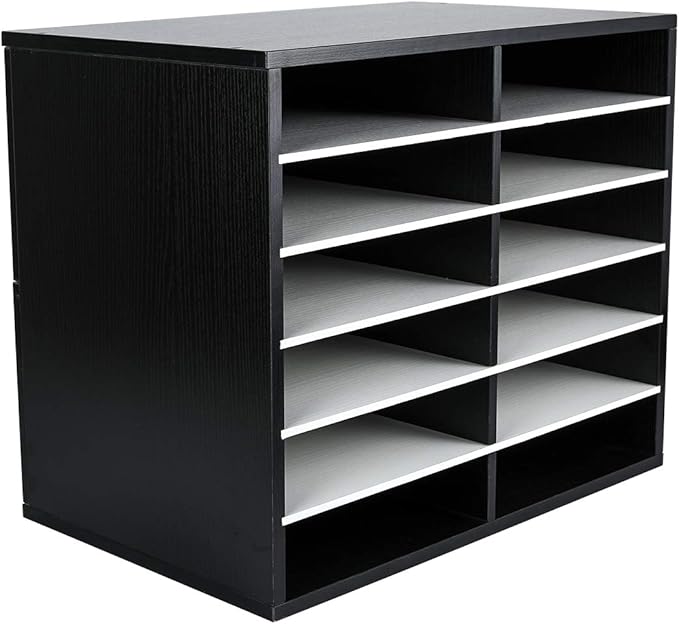 EasyPAG Wooden Literature Organizer with Adjustable Shelves, 12 Compartments Office Paper Organizer Storage 6000 Sheets Letter Size Paper, Student Mailbox for Classroom, Black/White