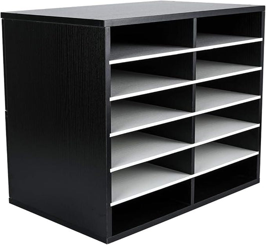 EasyPAG Wooden Literature Organizer with Adjustable Shelves, 12 Compartments Office Paper Organizer Storage 6000 Sheets Letter Size Paper, Student Mailbox for Classroom, Black/White
