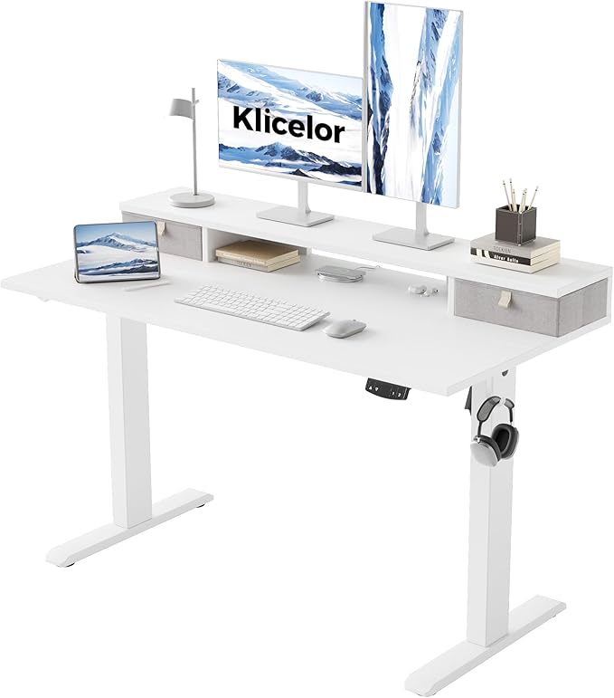 Klicelor 48 Inch Electric Standing Desk with Drawers, Adjustable Height Small Sit Stand Desk for Home Office, Compact Computer Workstation with Storage– White
