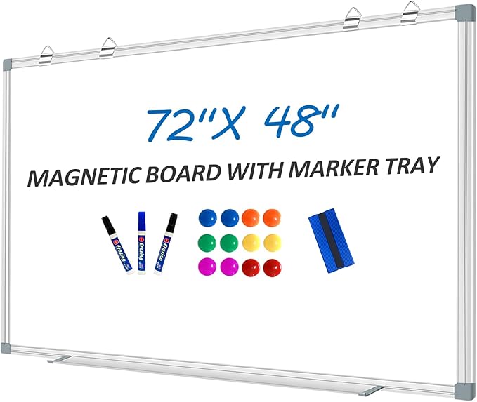 Max-officoo White Board Dry Erase Whiteboard for Wall 72" x 48" Aluminum Presentation Magnetic Whiteboards with 4 Hooks, 12 Magnets, 3 Markers & 1 Eraser