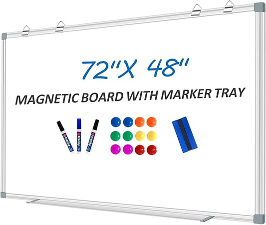 Max-officoo White Board Dry Erase Whiteboard for Wall 72" x 48" Aluminum Presentation Magnetic Whiteboards with 4 Hooks, 12 Magnets, 3 Markers & 1 Eraser