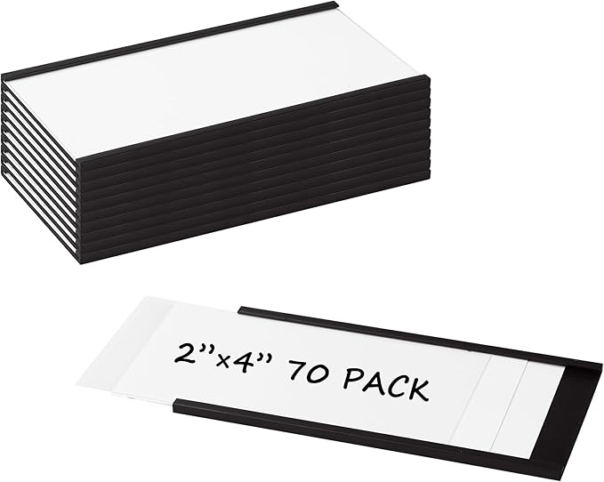 Realth Magnetic Label Holders 2'' x 4'' 70 Pack with Paper Inserts and Clear Plastic Protectors, Magnetic Label Strips Magnetic Data Card Holders File Cabinet Labels for Metal Racks and Shelves