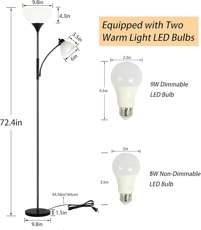 RISLG Floor Lamp, Dimmable Standing lamp, Stepless Dimming Brightness, Included 9W and 5W LED Bulbs, Industrial Floor Lamp for Living Room, Bedroom, Office, Reading