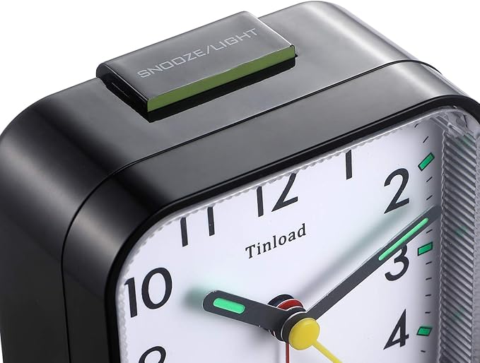 Tinload Small Battery Operated Analog Travel Alarm Clock Silent Non Ticking, Gentle Wake, Ascending Beep Sounds, Snooze,Lighted on Demand, Easy Set(Black)