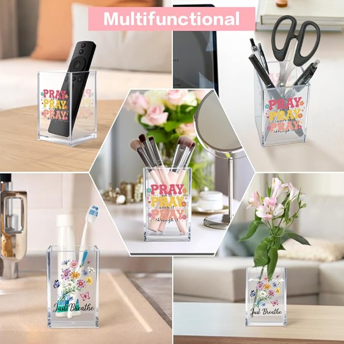 Vgrti Just breathe 2 Pack Acrylic Cosmetic Pencil Pen Holder Cup, Hope Inspirational Makeup Brush Organizer Holder, Women Faith Gifts, Christian Encouragement Gifts for Women Mom Daughter Teacher