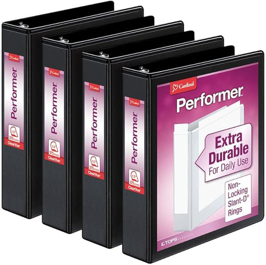 Cardinal Performer 3-Ring Binders, 1.5", Non-Locking Slant-D Rings, 375-Sheet Capacity, ClearVue Presentation, Non-Stick, PVC-Free, Black, 4-Pack (27401)