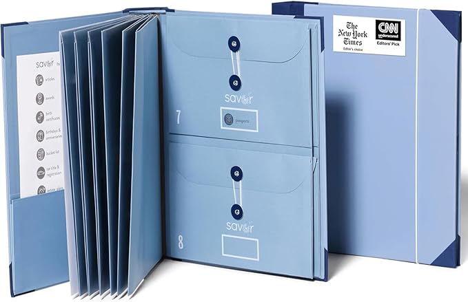 Savor | The Folio™ Document Organizer 2025 Edition | Acid-Free Custom Dyed Cloth-Bound Accordion File Organizer w/ 10 Expandable Pockets | File Folders for Home Organization & Graduation Gift (Blue)