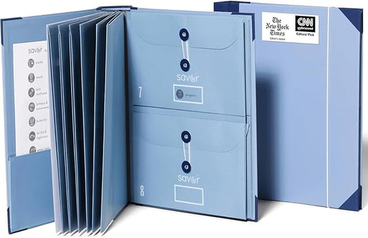 Savor | The Folio™ Document Organizer 2025 Edition | Acid-Free Custom Dyed Cloth-Bound Accordion File Organizer w/ 10 Expandable Pockets | File Folders for Home Organization & Graduation Gift (Blue)
