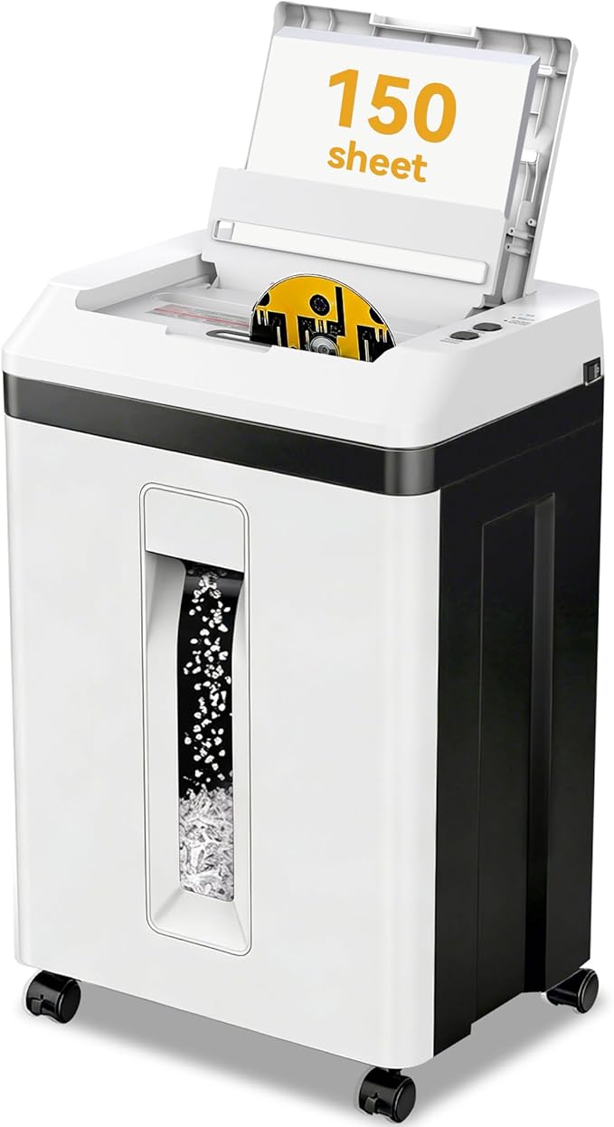 QUIETLEMON 150 Sheet Paper Shredder Heavy Duty, Micro Cut and CDs/Cards, P5 Security Level, 60Min Non Stop Commercial Shredder for Home Office, 5.3 Gallon Bin, <60dB Quiet, Auto Anti-Jam (OL289)