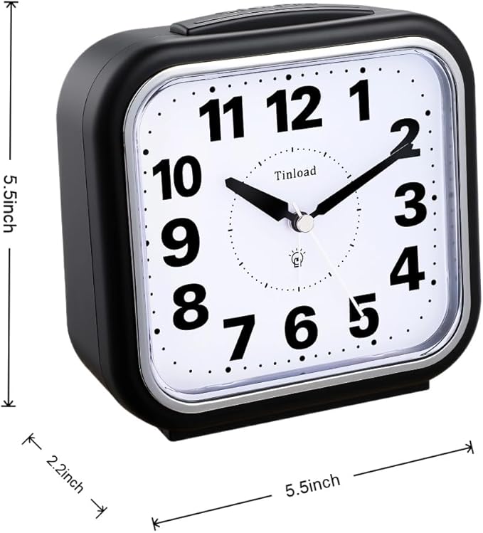 Tinload 5.5" Large No Ticking Analog Alarm Clock,Silent Readable for Seniors,Easy to Set,Gradual Rise Alarm,Big Numbers,Gentle Wake,Snooze, Lighted on Demand,Battery Operated,Black