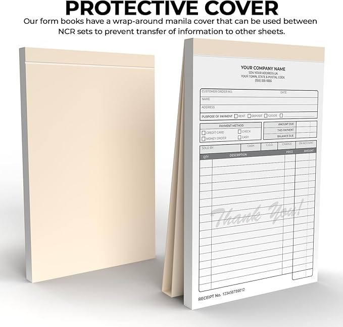 Custom 5.5" x 8.5" Carbonless NCR Books in 2-Part Duplicate Invoices, Receipts, Work Orders, Sales Orders, Purchase Orders, Estimates, Quote Forms with Your Company/Business Name (100 Sets)