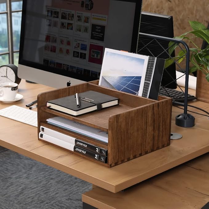 DDYURI Desk Organizer for File Folder Storage with 3 Paper Letter Tray &1 Vertical Compartment- Wood Office Desktop Document Organizer Rack - Filing Folder Mail Sorter Desk accessories Dark WJJ3K-DK