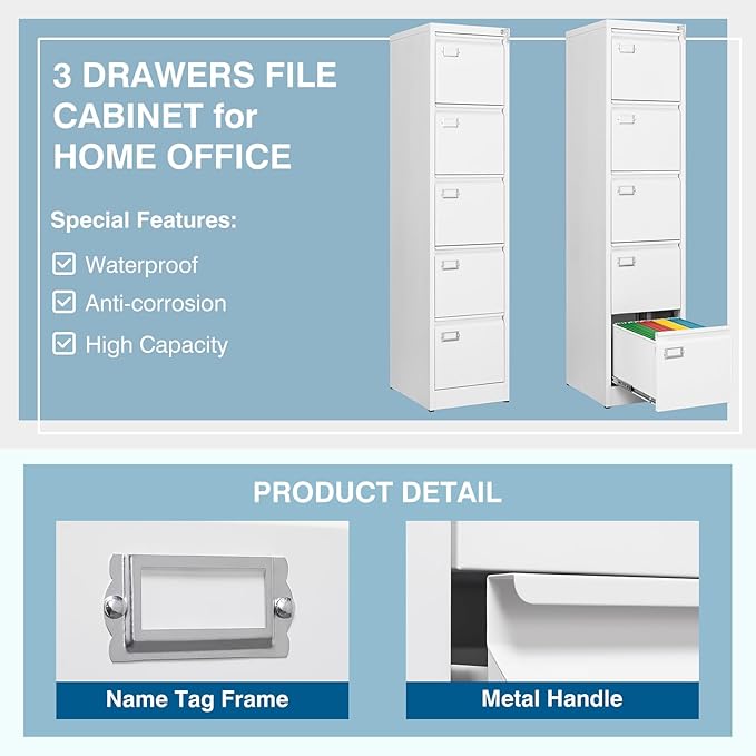 PEUKC 5-Drawer File Cabinet, 16.3" Deep Vertical Metal Filing Cabinet with Lock for Home Office, Anti-Tip 5 Storage Drawers for Letter/Legal/A4/F4 Size (Assemble Required, White)