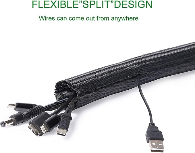 QCSIW 3/8" 50ft Braided Cable Sleeve Split Wire Loom Tubing – Expandable Cord Protector for USB, Power Cords, Audio/Video Cables – Cat Chew Proof, Durable Wire Management Sleeving (Black)