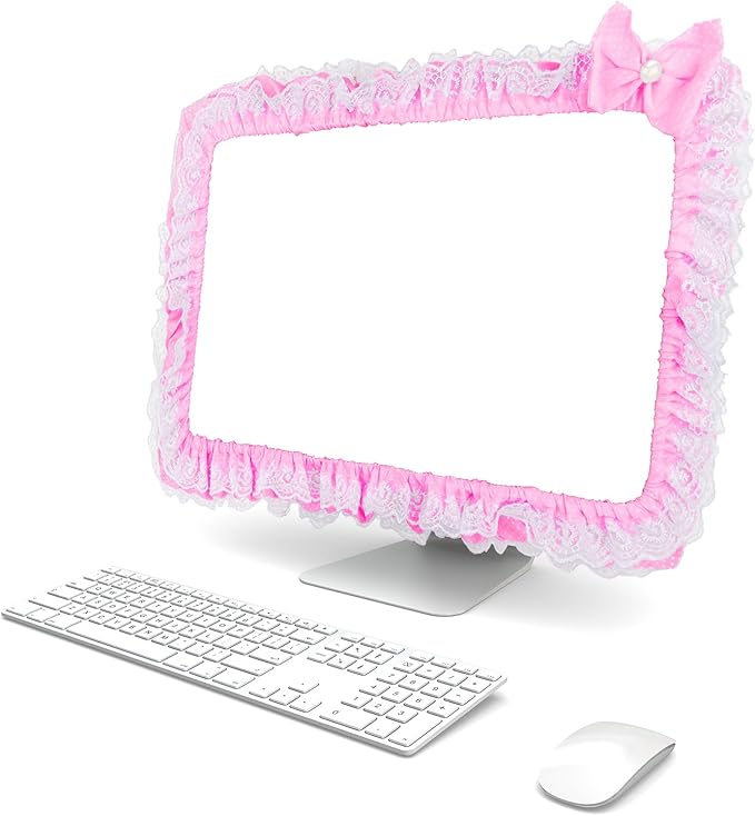 Kingshion 23"-27" Lovely Cute Computer Monitor Cover with Lovely Cute Elastic Pen Pocket Bow-knot TV LCD Screen Monitor Decoration Dust Cover Protector, Lace Fabric, Pink
