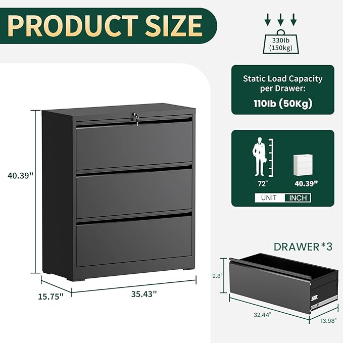 3 Drawer Lateral File Cabinet with Lock, Metal File Cabinets for Home Office, Office Furniture for Organization Hanging Legal/Letter/A4, Metal Filing Cabinet Storage Cabinet, Require Assembly, Black