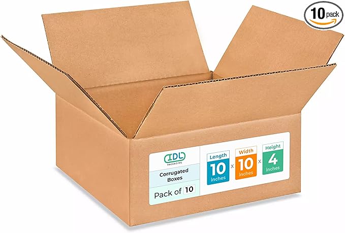 Medium Moving & Shipping Boxes 10x10x4 inches (10-Pack) - Extra Strength 200 lb vs Regular - Corrugated Strong Packing Boxes, Made in USA - Corrugated Box - Medium Shipping Box by IDL Packaging