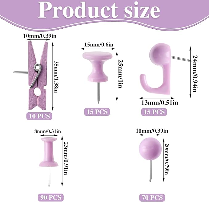 200 Pieces Push Pins Set, 5 Types Purple Thumb Tacks Cute Decorative Push Pins for Wall Cork Board Bulletin Boards with Storage Box
