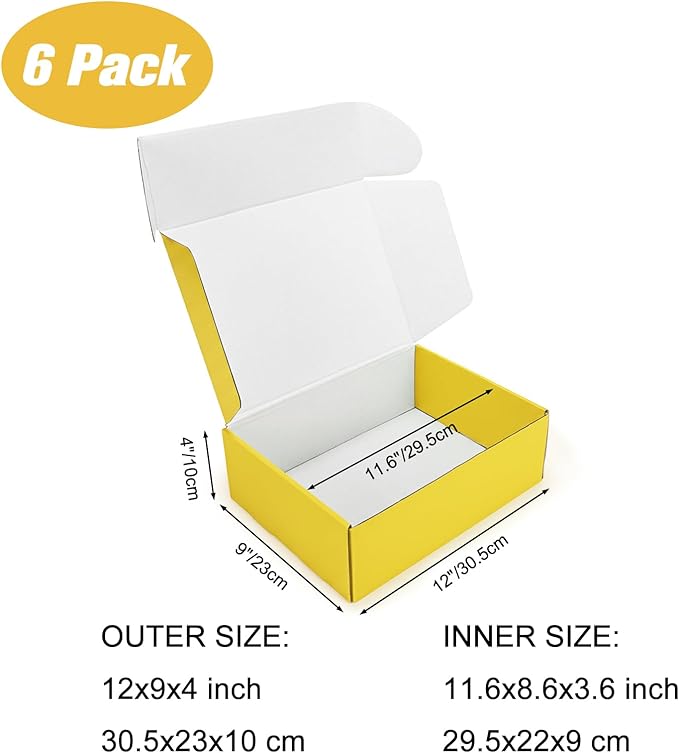 PHAREGE 12x9x4 inch Gift Shipping Boxes Bulk 6 Pack Yellow, Tab Lock Tuck Top Mailing Boxes for Packaging Small Business, Medium Cardboard Mailer Boxes for Wrapping Present