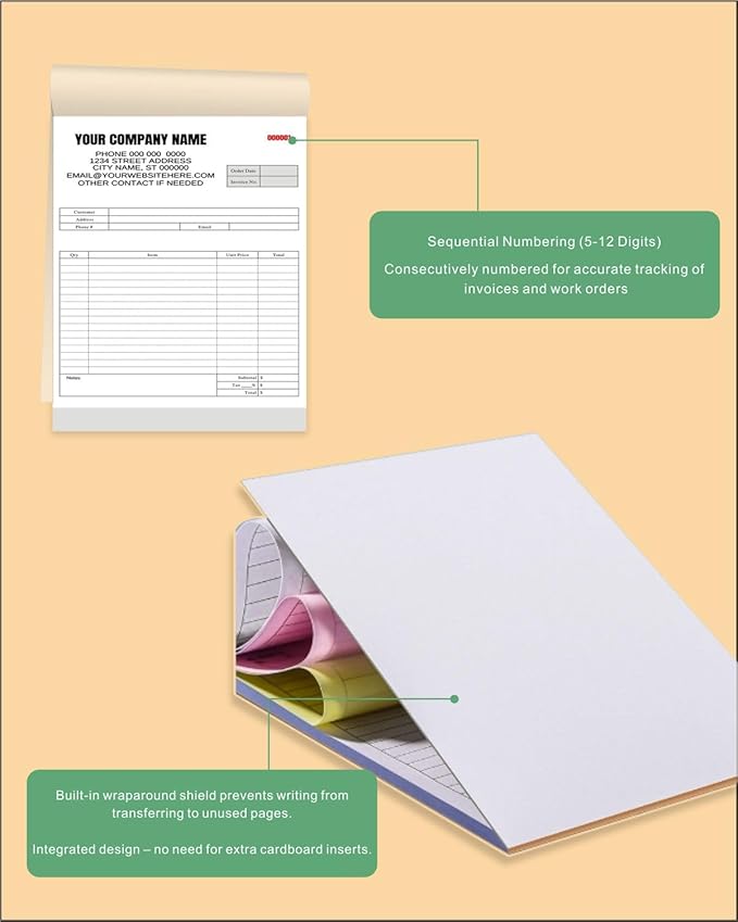 Custom Carbonless Invoice Book with Logo, Personalized Cover & Inner Pages, 2 Part NCR Receipt & Work Order Forms, Easy Tear, Writing Shield for Small Business (2-Part [White/Yellow], 8.3 x 5.5INCH)